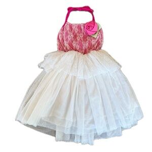 Pink and White Lace Dress with Rose Accent